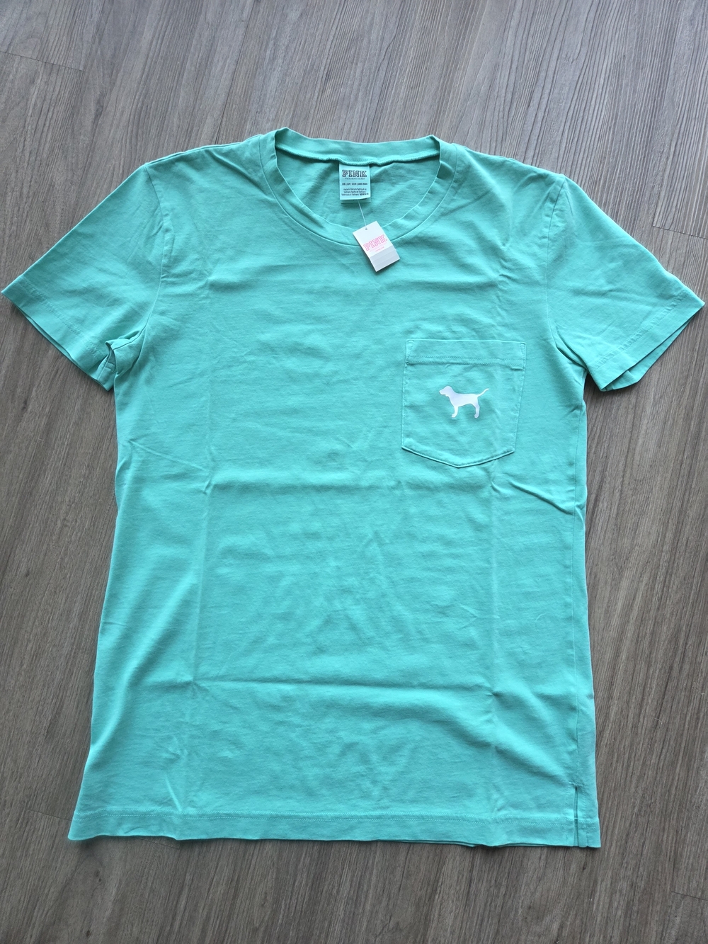 Vintage NWT PINK Victoria’s Secret Teal Campus Pocket Crew Tee - White Dog Logo.